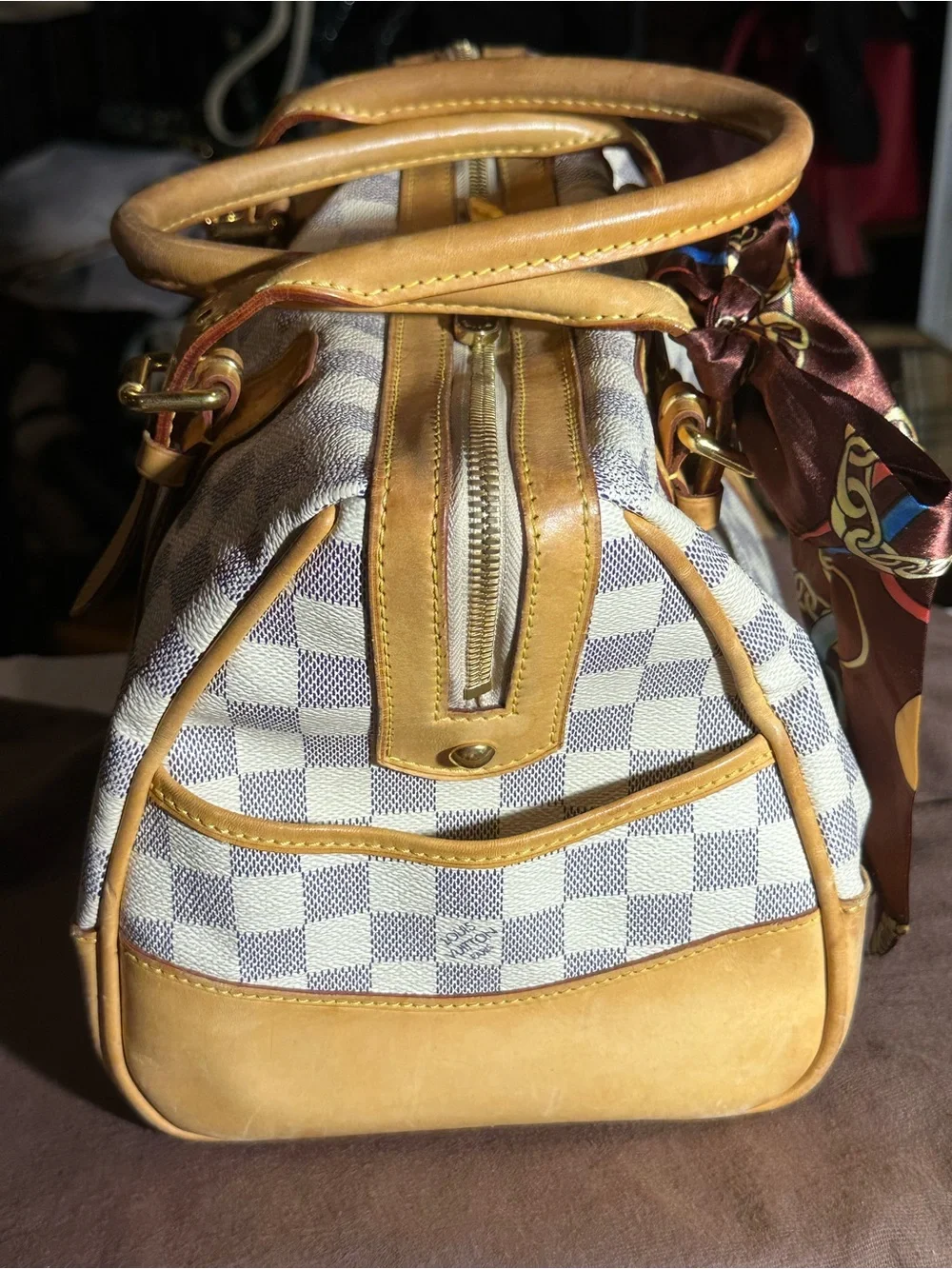 Louis Vuitton Damier Azur Berkeley Satchel in White & Tan with Gold Hardware